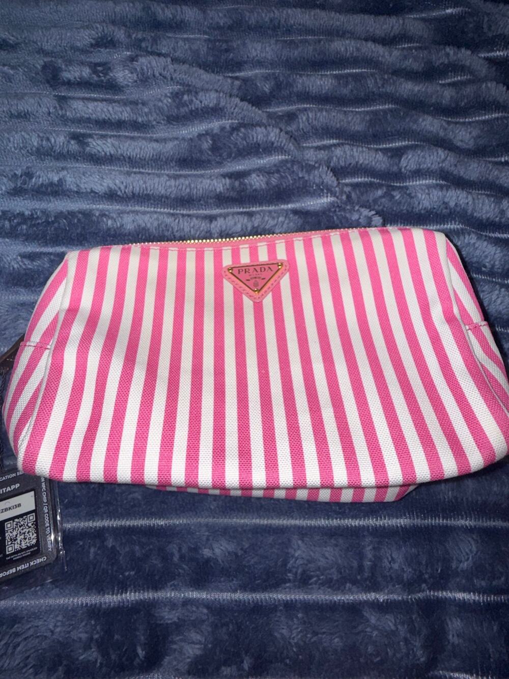 Prada Geranio Pink White Stripe Canapa Righe Canvas Cosmetic Pouch 1NA693 Auth